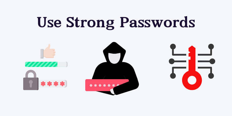 Illustration of strong passwords with a key icon for digital security and online protection.